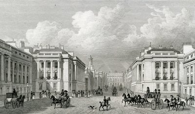 Waterloo Place ja osa Regent Streetiä, pub.1828 tekijältä Thomas Hosmer Shepherd