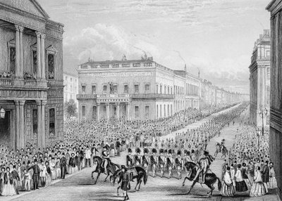 Wellingtonin hautajaiskulkue Senior United Service Clubin ohi, Pall Mall, Lontoo, 1852 tekijältä Thomas Hosmer Shepherd