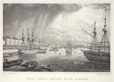 West India Docks, Isle of Dogs, Lontoosta ja sen Environs in the Nineteenth Century -pubista. Jones und Co., 1827-1829 tekijältä Thomas Hosmer Shepherd