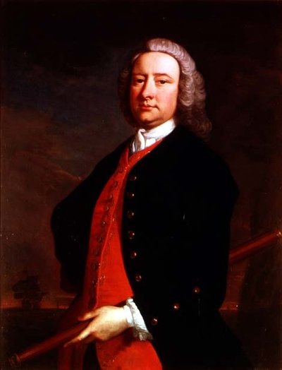 Muotokuva Edward Henry Sartoriuksesta pitelemässä kaukoputkea, jonka takana on rannikkomaisema. tekijältä Thomas Hudson