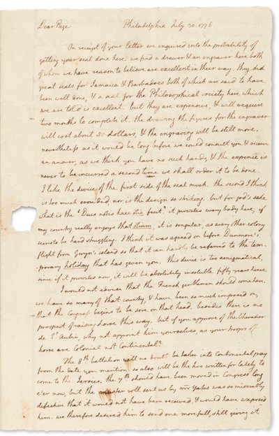 Nimikirjoituskirje John Pagelle, Philadelphia, 30. heinäkuuta 1776 tekijältä Thomas Jefferson