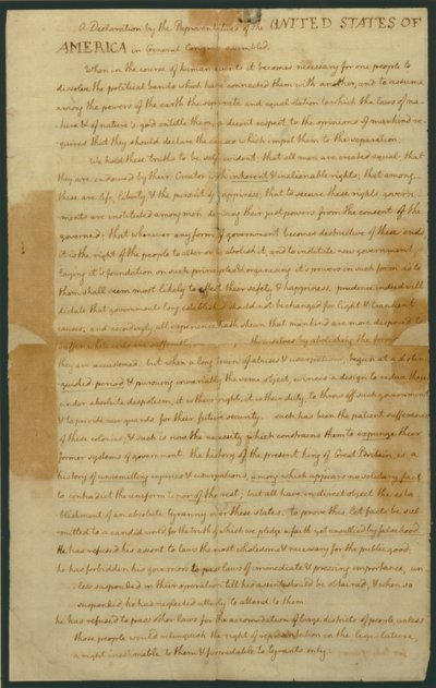 Luonnos itsenäisyysjulistukseksi, 4. heinäkuuta 1776 tekijältä Thomas Jefferson