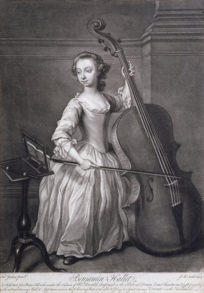 Muotokuva Benjamin Halletista soittamassa viulua, kaiverrettu James McArdell (n. 1729-65), n. 1749 tekijältä Thomas Jenkins