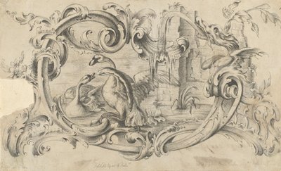 Suunnitelma tabletille savupiippukappaleelle, jossa on kaksi joutsenta taistelussa, käärössä..., 1762. tekijältä Thomas Johnson