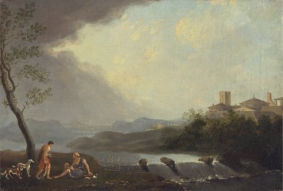 Kuvitteellinen italialainen maisema klassisilla hahmoilla ja vesiputouksella tekijältä Thomas Jones