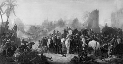 The Relief of Lucknow, und Triumphant Meeting of Havelock, Outram ja Sir Colin Campbell, teoksesta "...piirustukset...paikan päällä tehdyt... Mr. Egron Lundgren", julkaistu Lontoossa 1860 tekijältä Thomas Jones