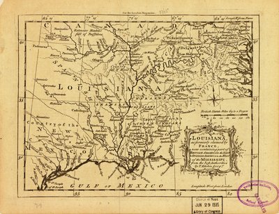 Louisiana, sellaisena kuin Ranska sitä aiemmin vaati, ja joka nyt sisältää osan Britannian Amerikkaa Mississippin itäpuolella ja Espanjan Amerikkaa Mississippin länsipuolella. LOC 77690498 tekijältä Thomas Kitchin