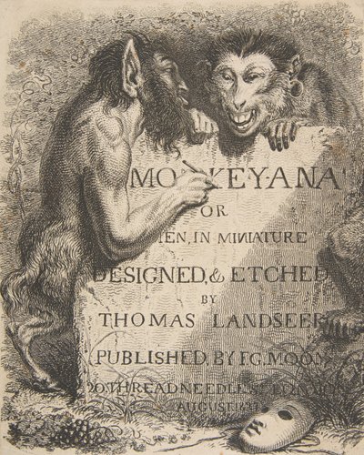 Nimisivu: Apina-Ana tai miehet, pienoiskoossa, 1. joulukuuta 1827, 1. joulukuuta 1827. tekijältä Thomas Landseer