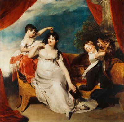 Ryhmämuotokuva rouva Henry Baringista ja kahdesta hänen lapsestaan ja suuresta koirasta, maisema takana, n. 1817-1824 tekijältä Thomas Lawrence
