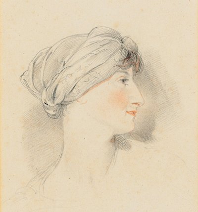 Rouva Jens Wolffin muotokuva, profiilissa oikealla, turbaani yllään (lyijykynä, musta-punainen liitu) tekijältä Thomas Lawrence