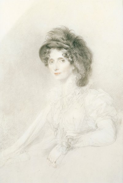 Muotokuva Elizabethista, Devonshiren herttuattaresta (1758-1824), istuva, puolipitkä, yllään suuri höyhenhattu (lyijykynä, musta-punainen liitu paperilla) tekijältä Thomas Lawrence