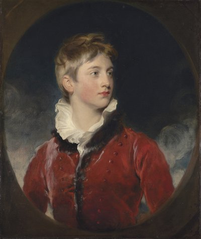 Frederick William Stewartin muotokuva, Londonderryn 4. markiisi, K.P., M.P. (1805-1872), kun poika, puolipitkä, punaisessa takkissa, teeskennellyssä soikeassa (öljy kankaalle) tekijältä Thomas Lawrence