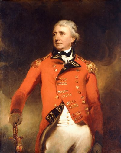 Kenraali James Stuartin muotokuva seisomassa kolme neljäsosaa, yllään punainen univormu kultaisilla sammakoilla, tekijältä Thomas Lawrence