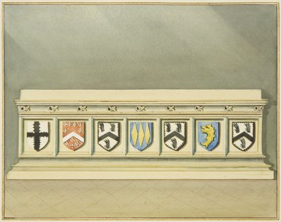 Heraldiset laakerit Walter Framptonin haudalla Pyhän Johanneksen kirkossa (akvarelli paperille) tekijältä Thomas Leeson the Elder Rowbotham