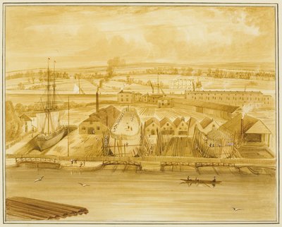Hilhousen uusi telakka Mardykesta nähtynä tekijältä Thomas Leeson the Elder Rowbotham