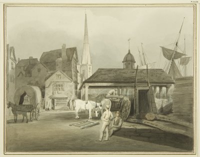 King Streetin koillispää, jossa näkyy Walesin markkinat vuonna 1802 (akvarelli paperille) tekijältä Thomas Leeson the Elder Rowbotham