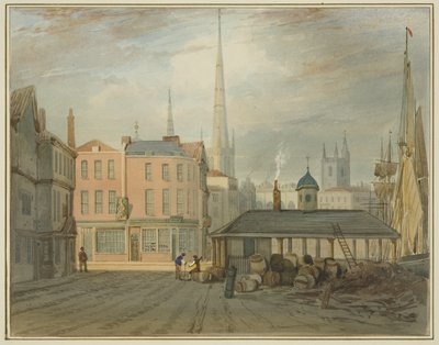 King Streetin koillispää, jossa näkyy Welsh Market (akvarelli paperille) tekijältä Thomas Leeson the Elder Rowbotham