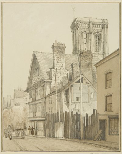 Temple Street, jossa näkyy Tower of Temple Church (akvarelli paperille) tekijältä Thomas Leeson the Elder Rowbotham