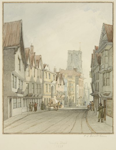 Temple Street, jossa näkyy temppelikirkon torni (akvarelli paperille) tekijältä Thomas Leeson the Elder Rowbotham