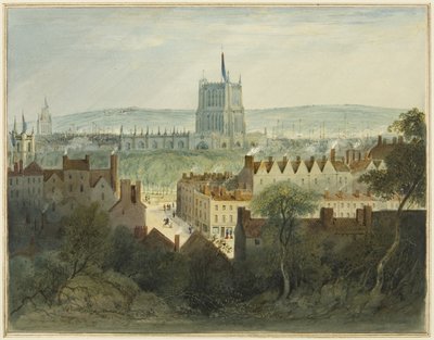 Katedraali, College Green ja College Street (akvarelli paperille) tekijältä Thomas Leeson the Elder Rowbotham