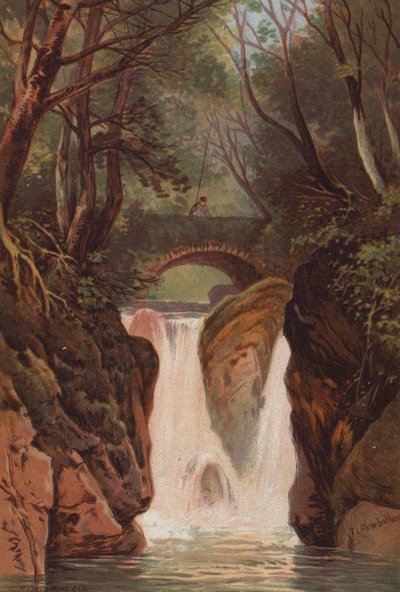 Englannin järvet, Rydal Falls (väri litho) tekijältä Thomas Leeson the Elder Rowbotham