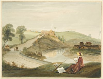 Totterdown ja Pile Hill Bath Roadilta, jossa näkyy Brislington Turnpike (Miss Braikenridgen kanssa? Luonnos) tekijältä Thomas Leeson the Elder Rowbotham