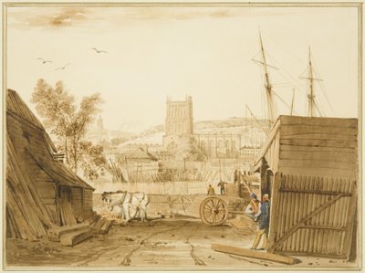 Näkymä Acramanin puupihalta, Wapping, näkymä kohti katedraalia tekijältä Thomas Leeson the Elder Rowbotham