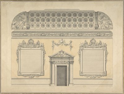 Suunnitelma rokokoohuoneen osaan, jossa kattokatto ja koristeltu korinttilais..., noin 1750. tekijältä Thomas Lightoler.