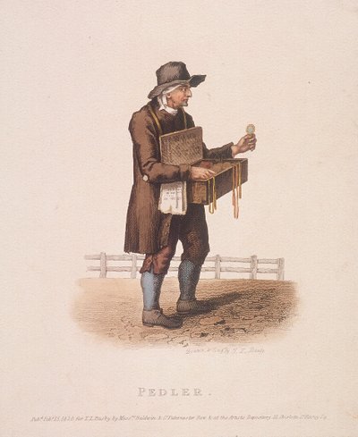 Pedlar tavaralaatikkonsa ripustettuna kaulaansa, 1820 tekijältä Thomas Lord Busby