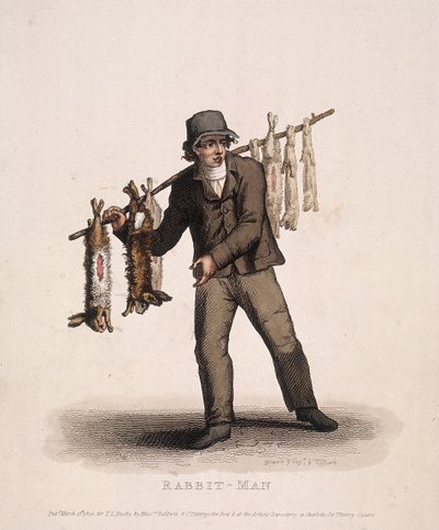 Kanikauppias kantaa kanien kanssa ripustettua sauvaa, 1820 tekijältä Thomas Lord Busby