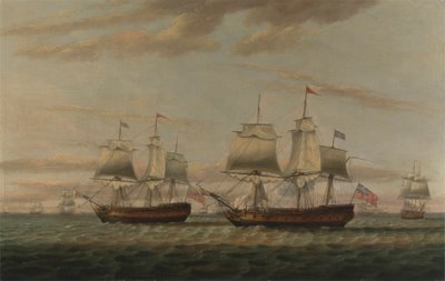 Intiaani ja kaksikerroksinen Hove to, sanotaan olevan Thomas Dumar, Esq. julkaisussa H.M. Alus "Portland" toimitti Leeward Islandin saattueen vuonna 1776 tekijältä Thomas Luny