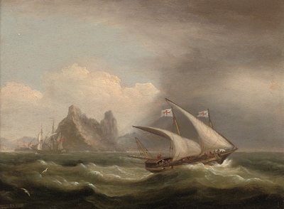 Aseistettu Xebec Välimerellä, brittiläinen fregatti perässään ja juoksee kivisen rannikon ohi, 1822 tekijältä Thomas Luny