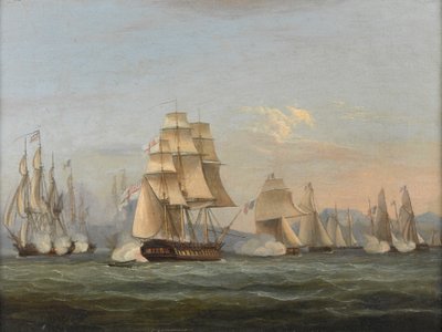 HMS Spartan & French Fregates: The Beginning of Action, 3. toukokuuta 1810 (Napolin lahti) (öljy kankaalle) tekijältä Thomas Luny