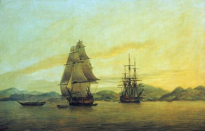 Itä-Intian komppanian kauppalaiva "Hindustan" ja muita aluksia, myös junkkeja, ankkuroituneena Kiinan rannikolle. tekijältä Thomas Luny