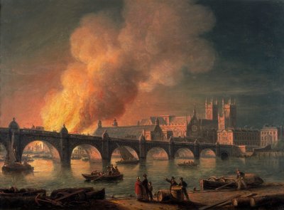 "Westminsterin silta ja parlamenttitalojen polttaminen Lambethistä", 1835 tekijältä Thomas Luny