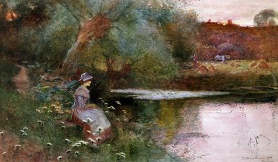 Hampton Lucy, Warwickshire. Nuori tyttö istuu järven rannalla maaseudulla. Thomas Mackayn (1851-1920) maalaus. Yksityiskokoelma. tekijältä Thomas Mackay