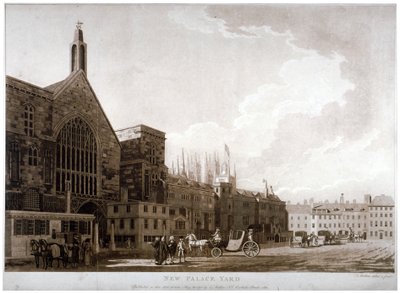 New Palace Yard ja sisäänkäynti Westminster Halliin, Lontoo, 1782. tekijältä Thomas Malton II