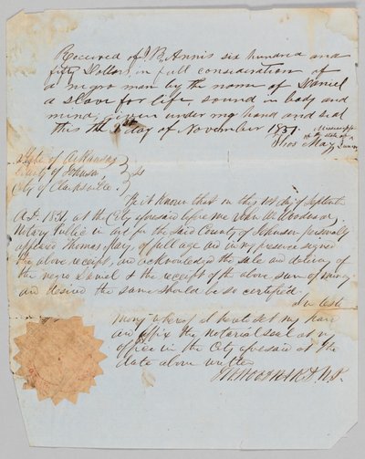 Daniel-nimisen miehen kauppakirja Jerome B. Annisille, 1. marraskuuta 1851. tekijältä Thomas May