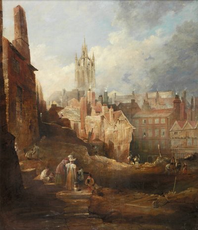 High Level Bridge -sillan kaivaukset, Newcastle upon Tyne, n. 1846 tekijältä Thomas Miles Richardson