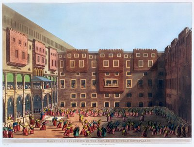 "Mamelukit harjoittelemassa Mourad Beyn palatsin aukiolla", Kairo, Egypti, 1802 tekijältä Thomas Milton