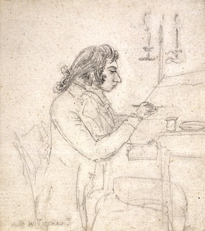 J. M. W. Turner piirustuspöydässä; Verso: rouva Monro Sleep (kynä luonnonvalkoiselle levitetylle paperille) tekijältä Thomas Monro