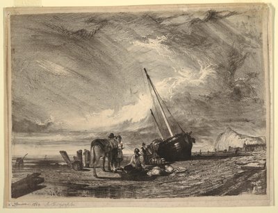 Rannalla oleva kalastusvene tekijältä Thomas Moran