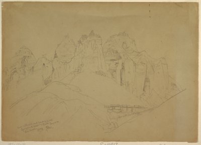 Piirros, Rio Virgin -joki ja suuret kalliomuodostelmat, 1873 tekijältä Thomas Moran