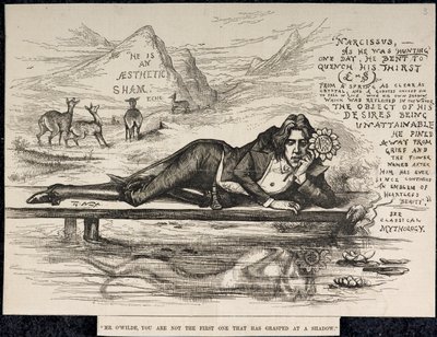 Oscar Wilde Narcissuksena (kirjoituksella) (kaiverrus) tekijältä Thomas Nast