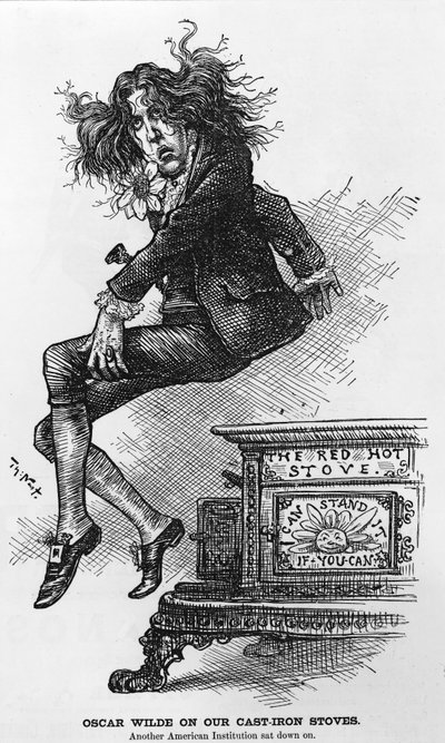 Oscar Wilde valurautaisista uuneistamme. Toinen amerikkalainen instituutio istui, kuvitus Harpers Weekly -lehdestä, pub. 1882 tekijältä Thomas Nast
