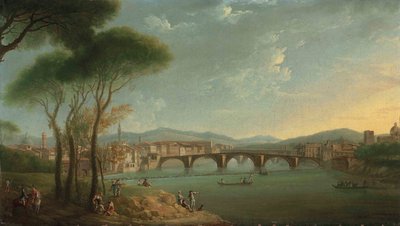 Näkymä Firenzen Arnoon Cascine Gardensista, hahmot kalastavat ja lepäävät kallioilla etualalla, Ponte alla Carità ja Ponte Vecchio takana tekijältä Thomas Patch
