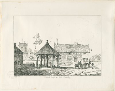 Abbots Bromley - Tudor Market Cross and House: kynä- ja mustepiirustus tekijältä Thomas Peploe Wood