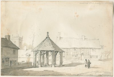 Abbots Bromley Tudor - markkinaristi ja talo: lyijykynä- ja pesupiirros. tekijältä Thomas Peploe Wood