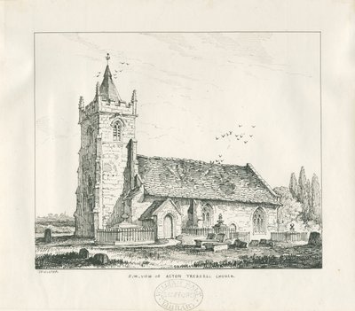 Acton Trussell Church: kynä- ja mustepiirustus, 1838 tekijältä Thomas Peploe Wood