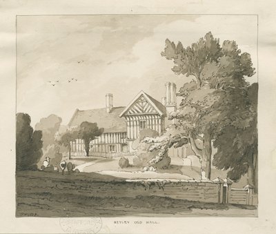 Betley Old Hall: seepiapiirustus, 1838 tekijältä Thomas Peploe Wood